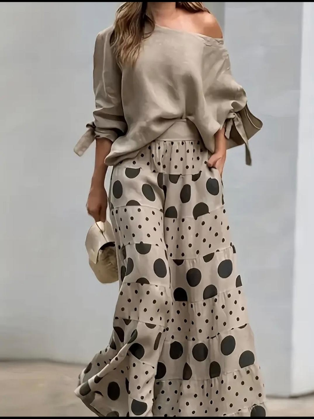 Boho Tiered Polka Dot Maxi Skirt - Taupe